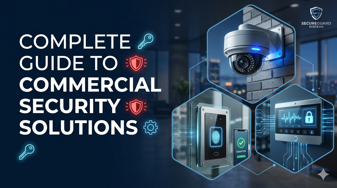 Advanced commercial security solutions including a high-definition dome surveillance camera, a biometric fingerprint access control reader showing access granted, and an integrated alarm system control panel inside a modern corporate office building.